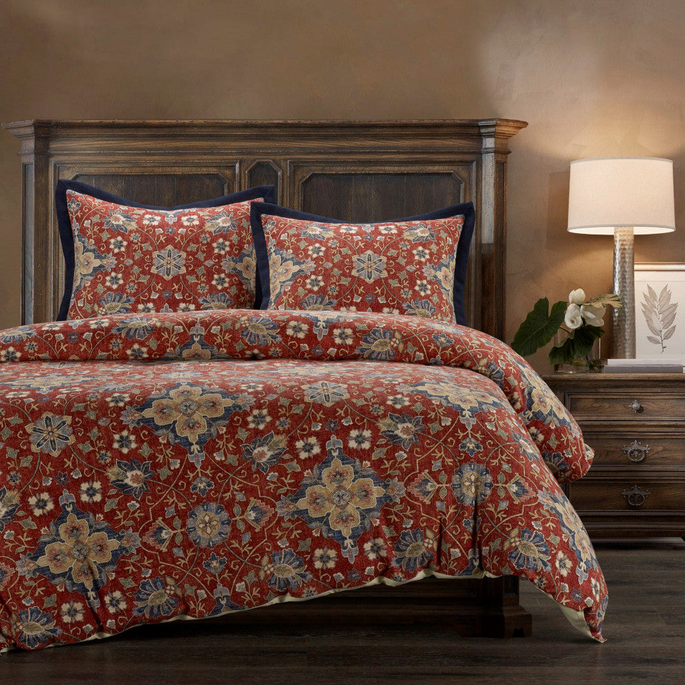 Melinda Washed Linen Vintage Floral Medallion Comforter Set, 3 PC, Super Queen
