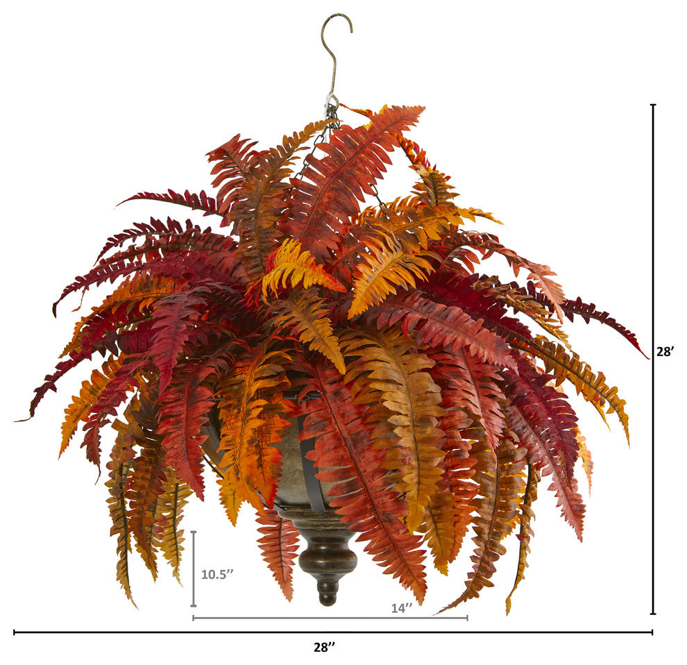 28" Autumn Boston Fern Artificial Plant in Hanging Metal Bowl