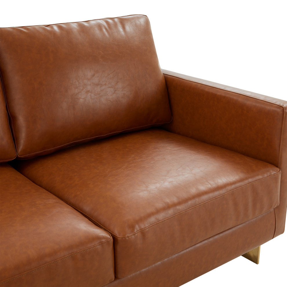 LeisureMod Lincoln Modern Leather Sofa With Gold Frame, Cognac Tan