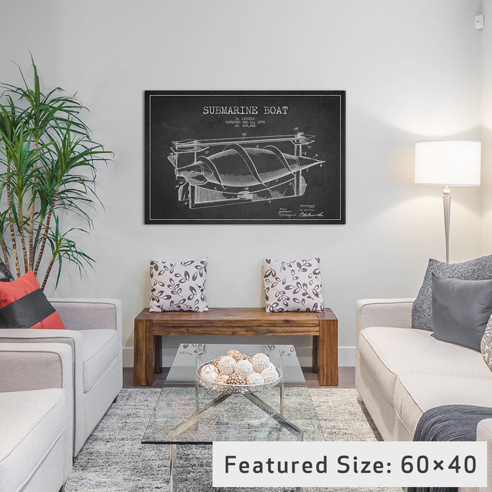 "Submarine Vessel Charcoal Patent Blueprint" by Aged Pixel, 26x18x1.5