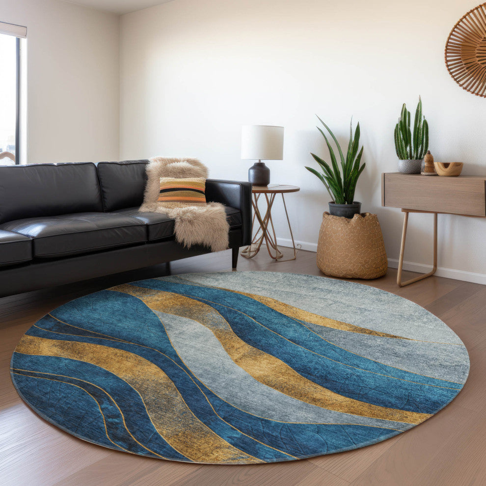 Machine Washable Indoor/Outdoor Chantille ACN1892 Blue 8' x 8' Round Rug