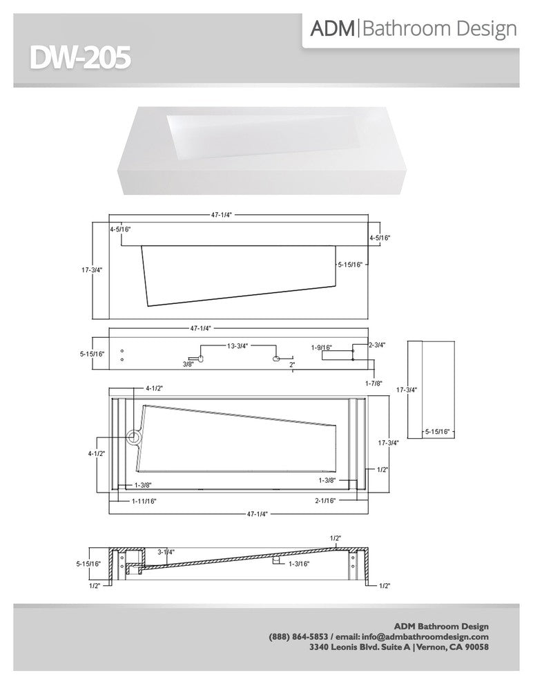 ADM Rectangular Countertop Sink, White, 47", Matte White