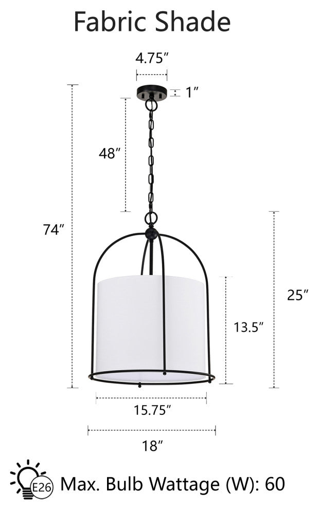 3-Light Matte Black Finish 18 in. Cage Chandelier With White Fabric Shade
