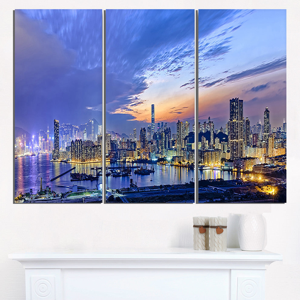 "Hong Kong City Sunset Panorama" Metal Wall Art, 3 Panels, 36"x28"