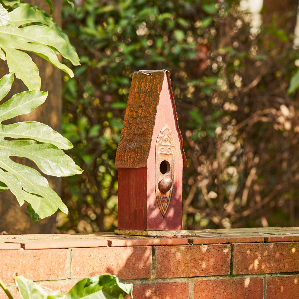 Rustic Garden Distressed Wooden Birdhouse, Retro Red