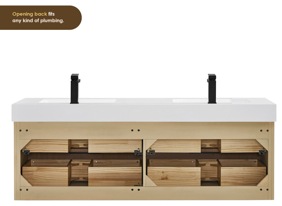 Livia Wall-mounted Bathroom Vanity, Nature Brown, 60inch, No Mirror