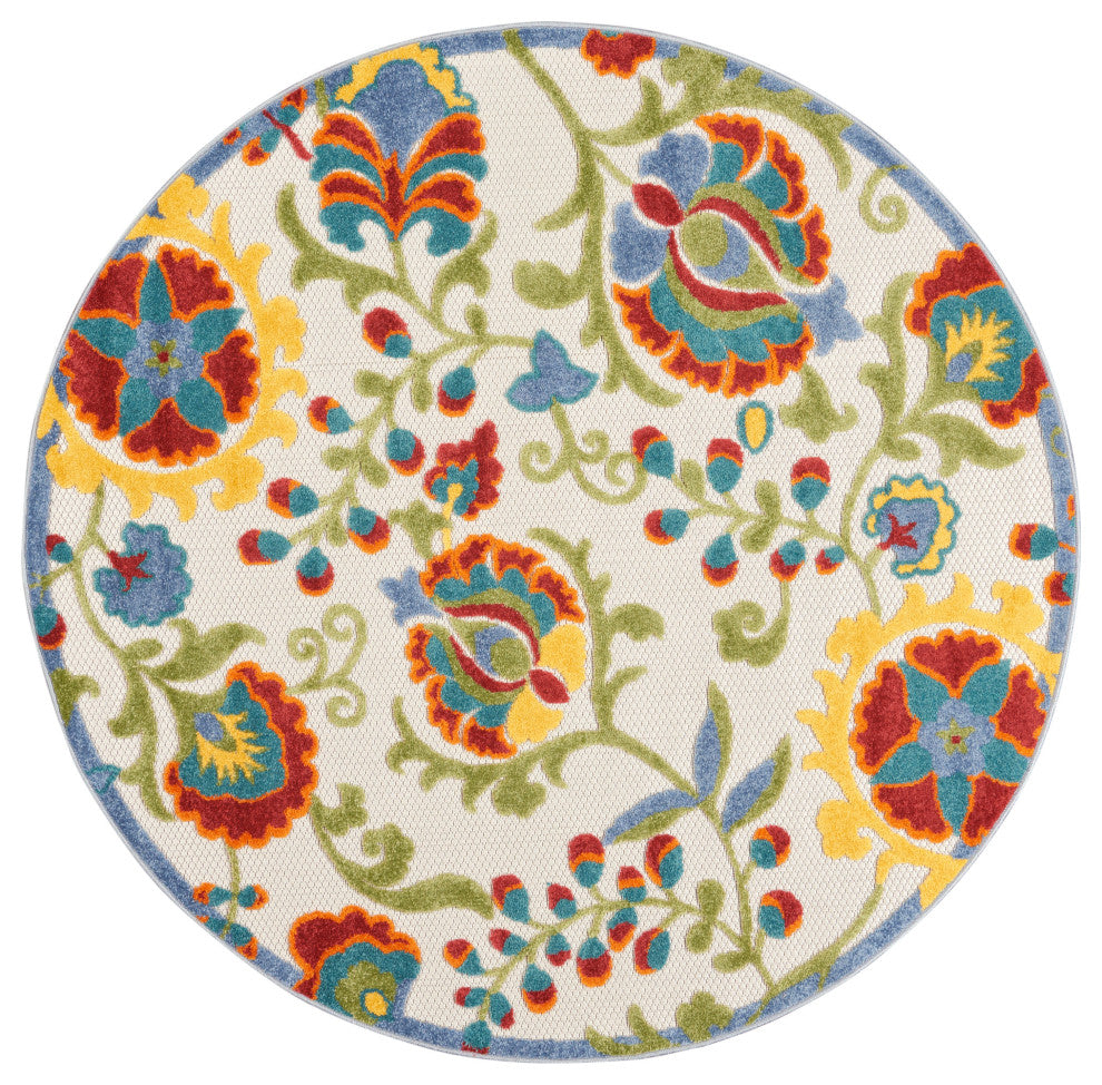 Nourison Aloha 4' x Round Ivory Multicolor Farmhouse Rug