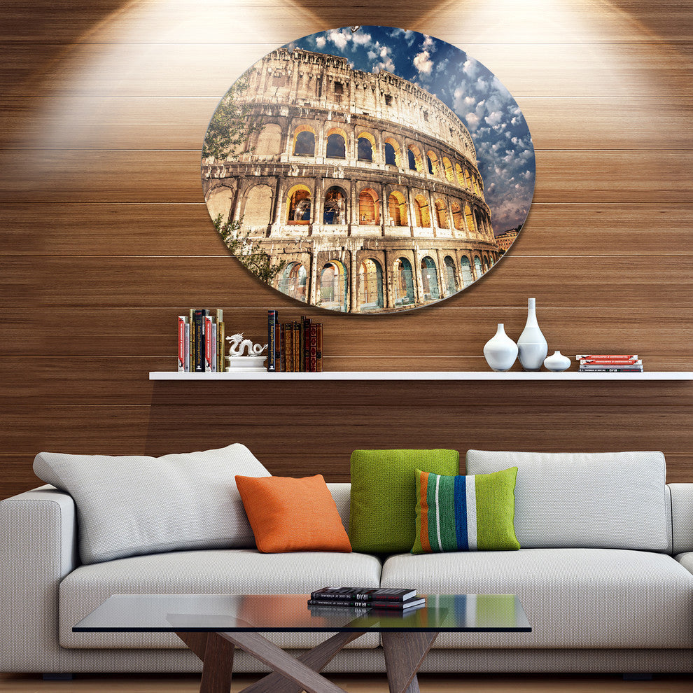 Wonderful Coliseum At Dusk, Landscape Round Metal Wall Art, 11"