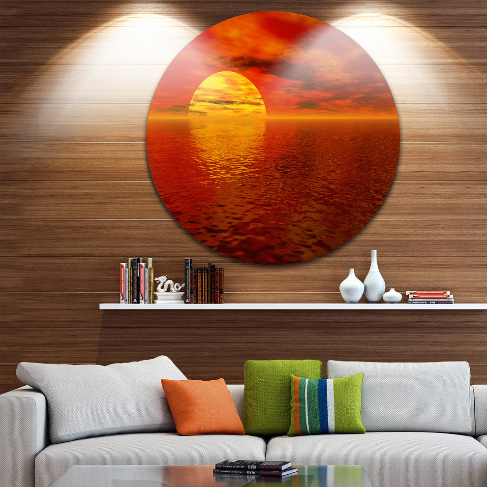 Sun Falling To Yellow Ocean, Seashore Disc Metal Artwork, 23"