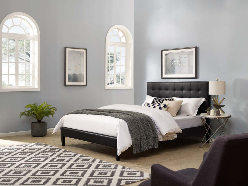 Contemporary Modern King Size Tufted Headboard, Faux Vinyl Leather, Black