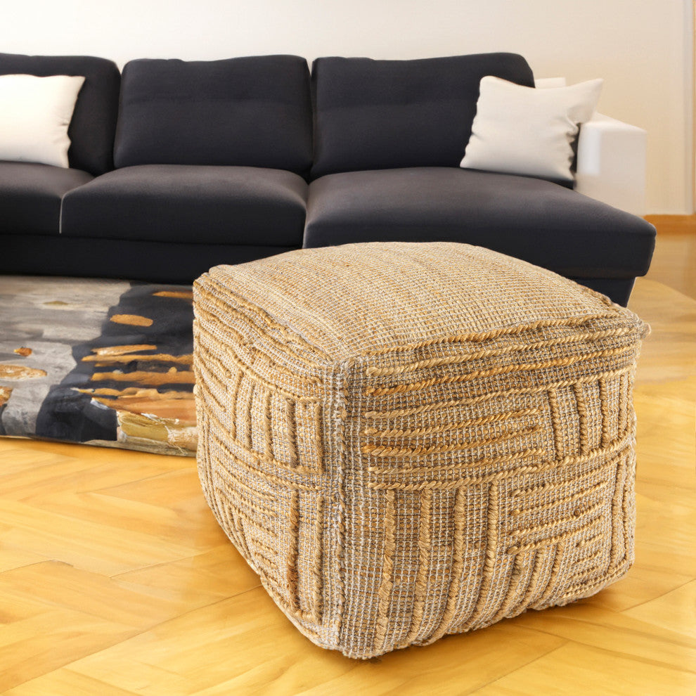 Oaks Natural Rustic Striped Handmade Jute Blend Cube Poufs,  18"x18"x18"