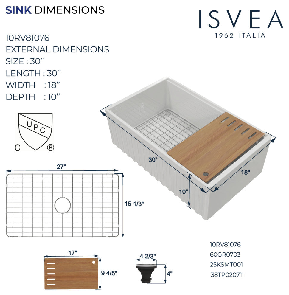 ISVEA 30" Apron Front Single Bowl Farmhouse Fireclay Kitchen Sink, Workstation
