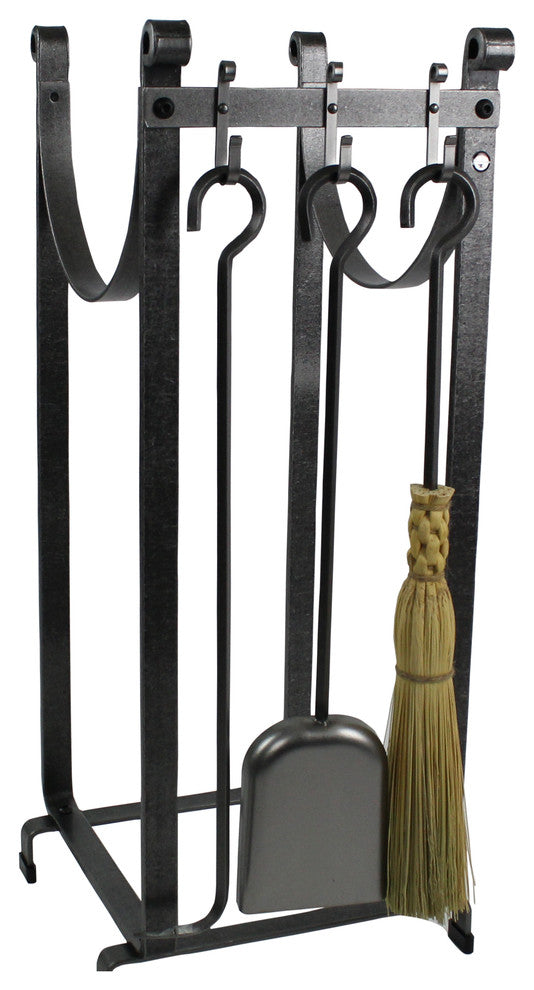 Handcrafted Sling Fireplace Log Rack wBase, Bar & 3 Tools Hammered Steel