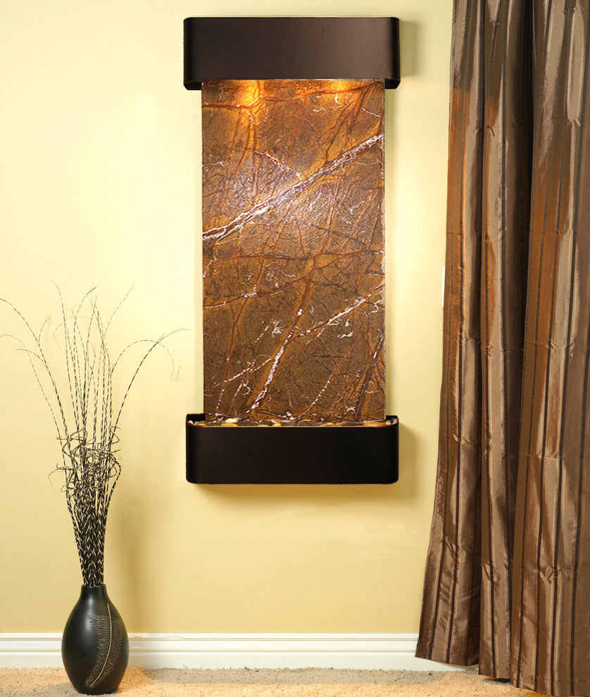 Cascade Springs Water Fountain, Brown Marble, Blackened Copper, Round