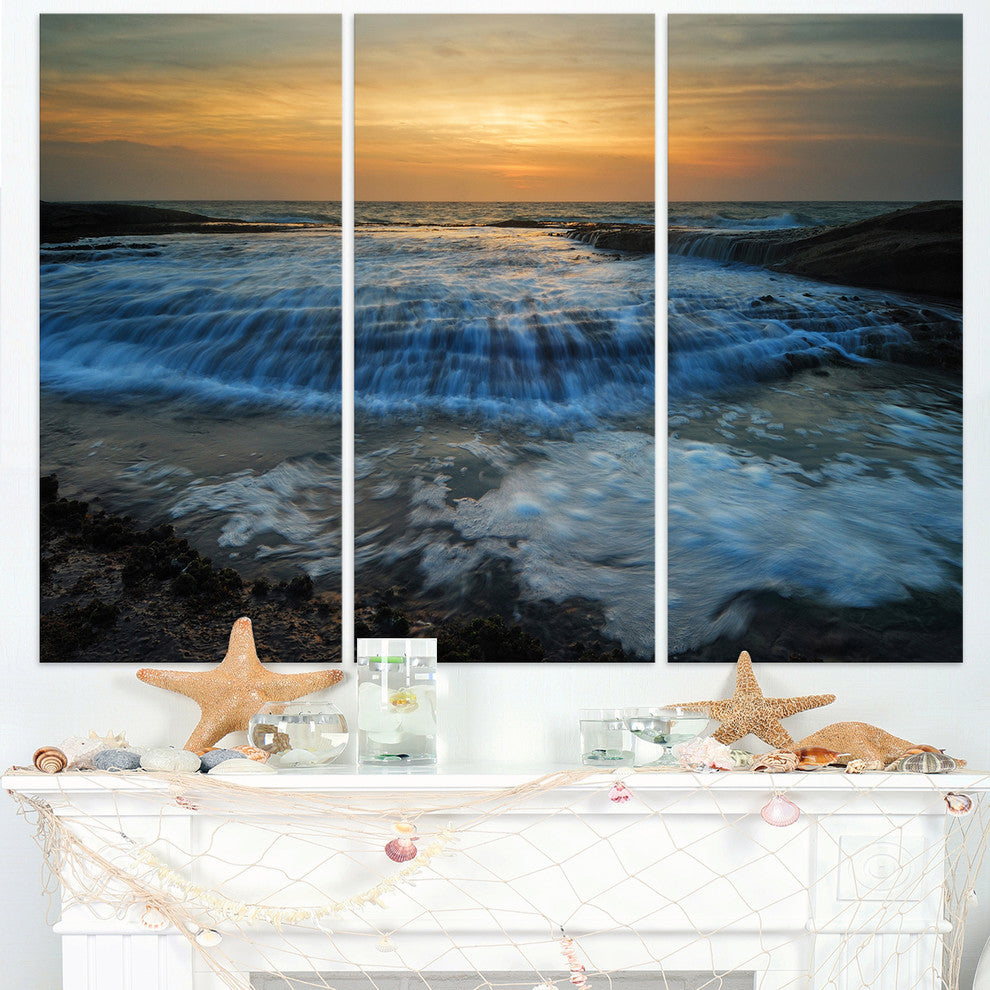 "Beach With Rushing White Waves" Beach Metal Wall Art, 3 Panels, 36"x28"
