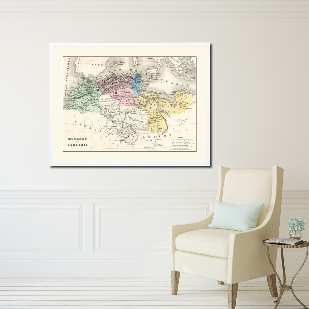Barbary Coast Of North Africa Old Map Print On Canvas With Frame 28" X 37"