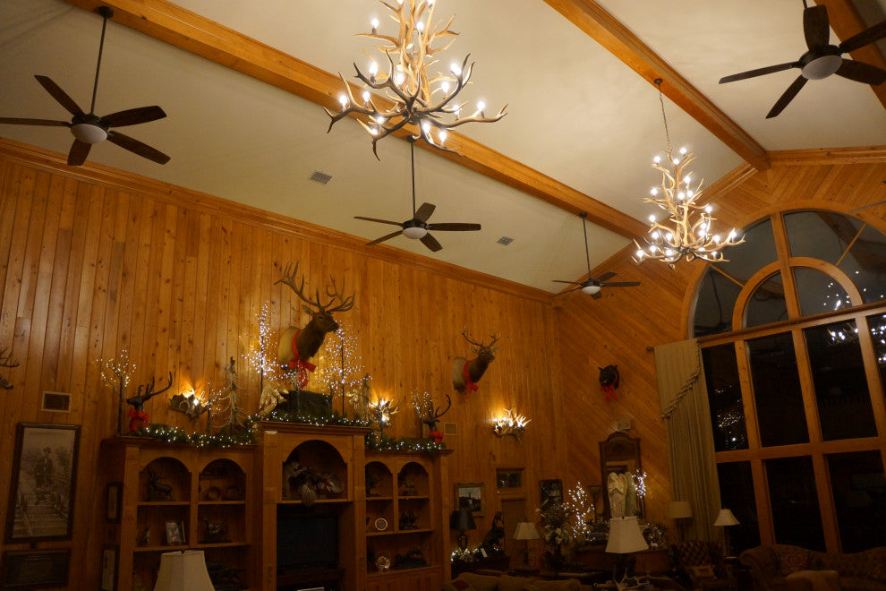Elk Cascade Deer Antler Chandelier Light, Large, Rawhide Shades
