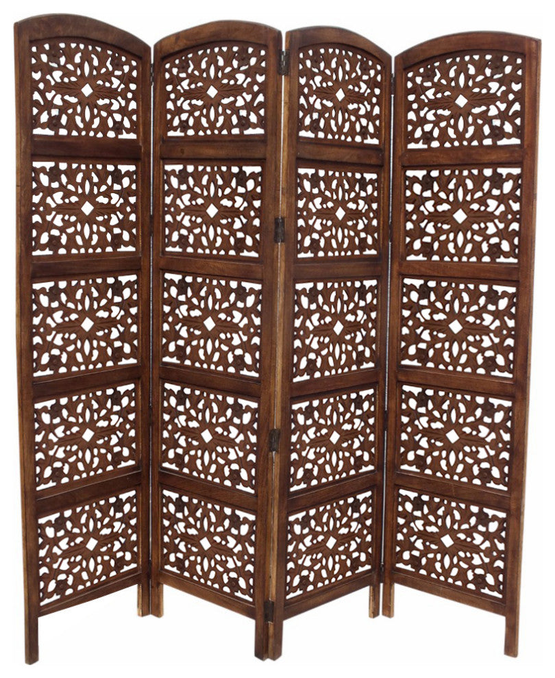 Handmade Foldable 4 Panel Wooden Partition Screen Room Divider, Brown