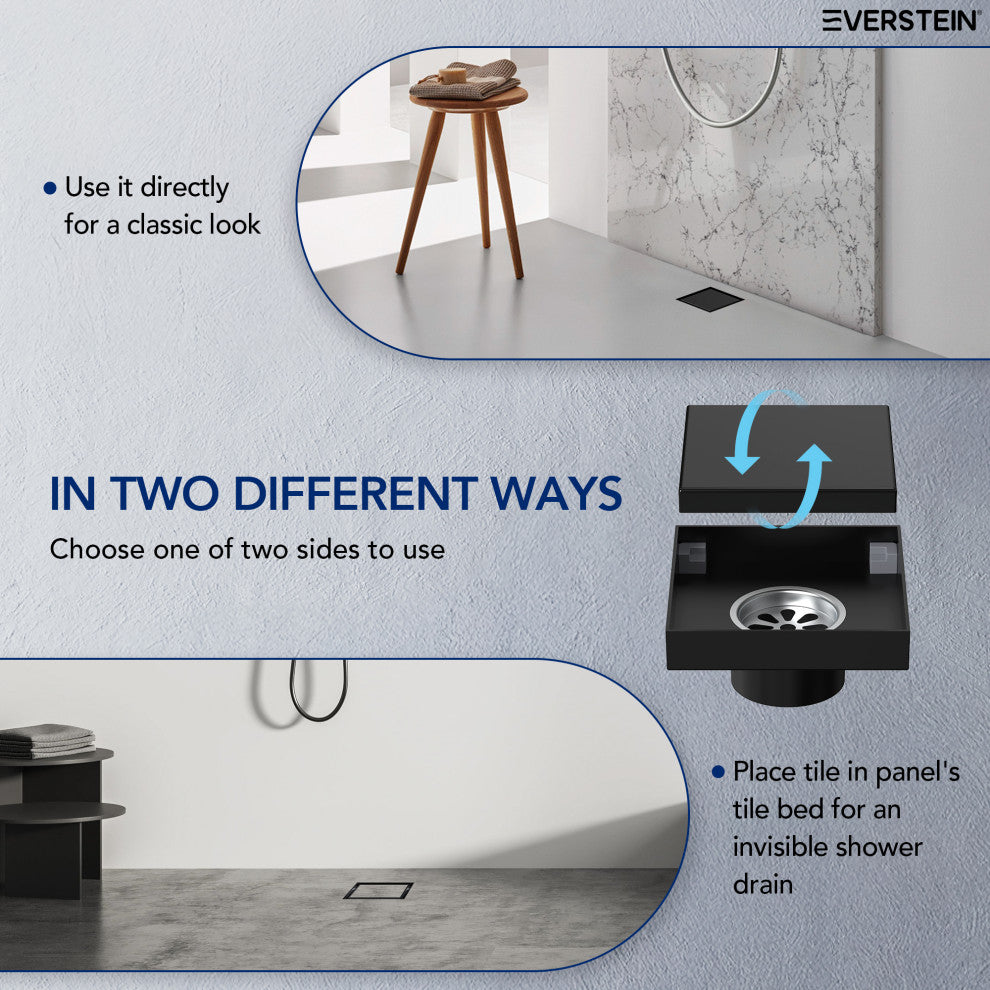 4"x4" Stainless Steel Square Shower Drain With Drain Cover, Matte Black