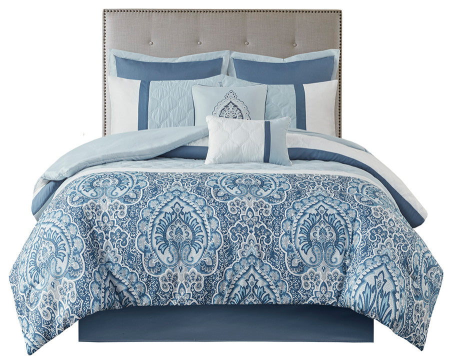 Shawnee Traditional Diamond Quilting 8-Piece Comforter Set, Blue, Queen