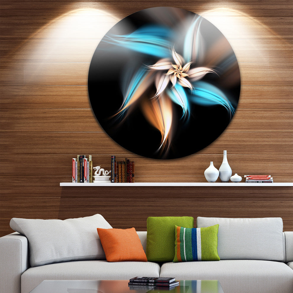 Blue Brown Digital Art Fractal Flower, Floral Disc Metal Wall Art, 11"