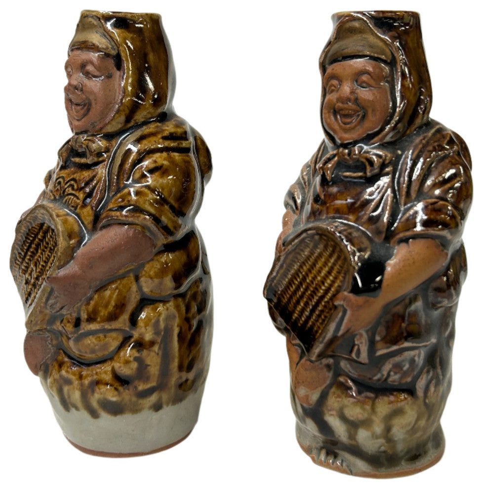 Pair Ceramic Handmade Brown Cheerful Basket Holding Jovial Figure Vases