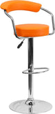 Estella Low-Back Orange Vinyl Swivel Adjustable Barstool With Arms