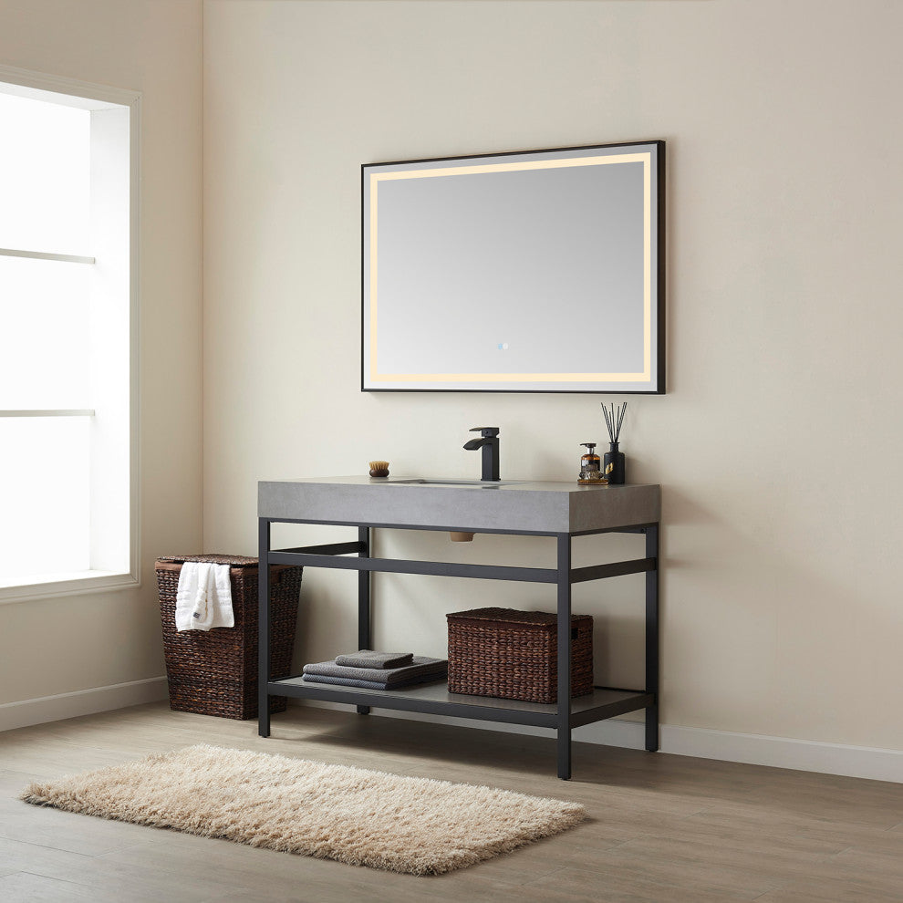 Funes Bath Vanity with Mirror, Matte Black Support, 48'', Grey Stone Top