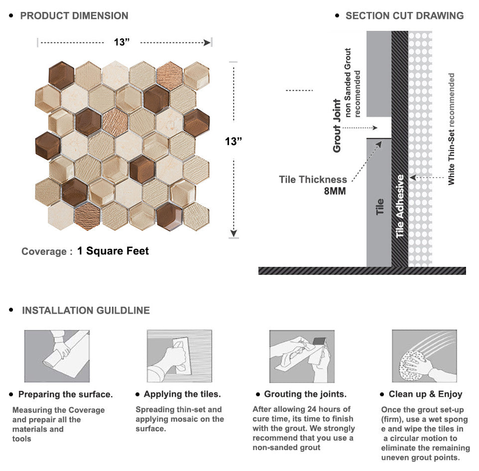 Hexagon Stone Metallic Beige 3D Insert Glass Mosaic Tile, 13"x13", Single Sheet