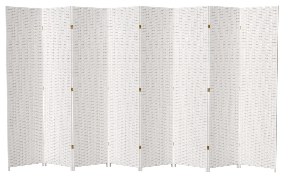 7' Tall Woven Fiber Room Divider, White, 8 Panel
