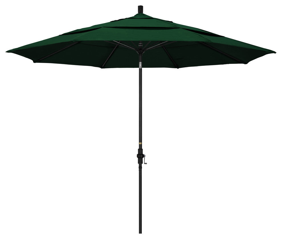 11' Matted Black Collar Tilt Lift Fiberglass Rib Aluminum Umbrella, Sunbrella, Forest Green