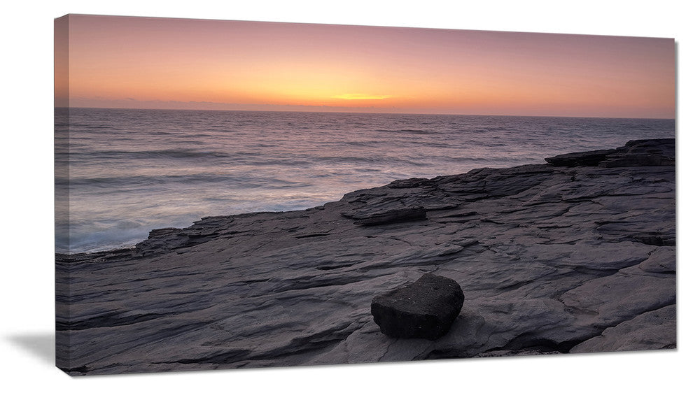 "Massive Rock On Beach Magoito Sintra" Contemporary Seascape Art Canvas, 32"x16"
