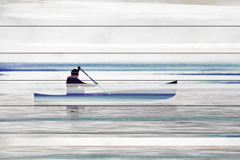 "Canoe on Calm Lake" Print on White Wood, 36"x24"