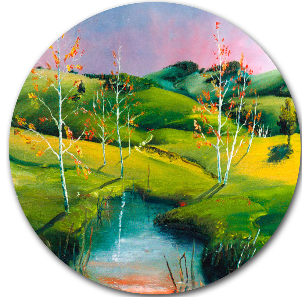 Endless Green Pastures, Landscape Painting Disc Metal Artwork, 11"
