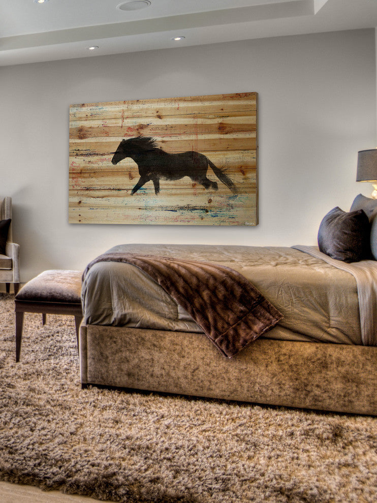 "Black Horse Stride" Painting Print on Natural Pine Wood, 36"x24"