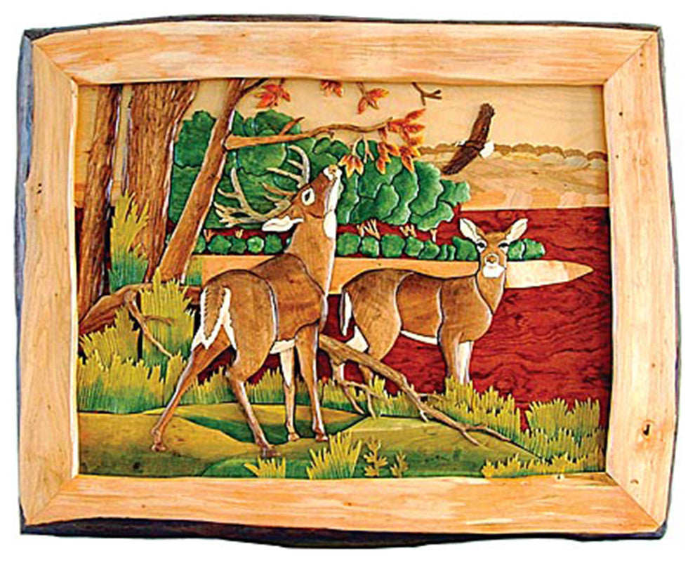 Deer Hand Crafted Intarsia Wood Art Wall Hanging 28 X 24 X 2 Inches