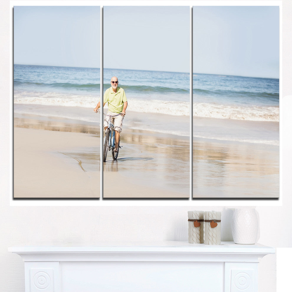 "Smiling Senior Man Riding Bike" Metal Wall Art, 3 Panels, 36"x28"