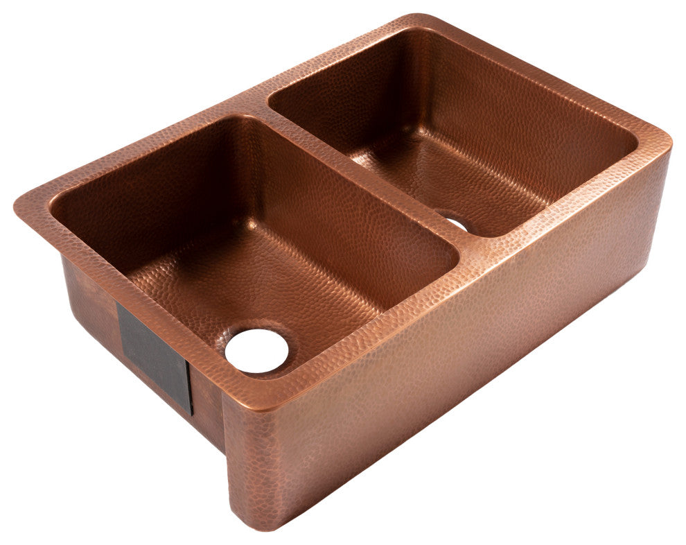 Adams Copper 33" Double Bowl Farmhouse Apron Front Undermount Kitchen Sink