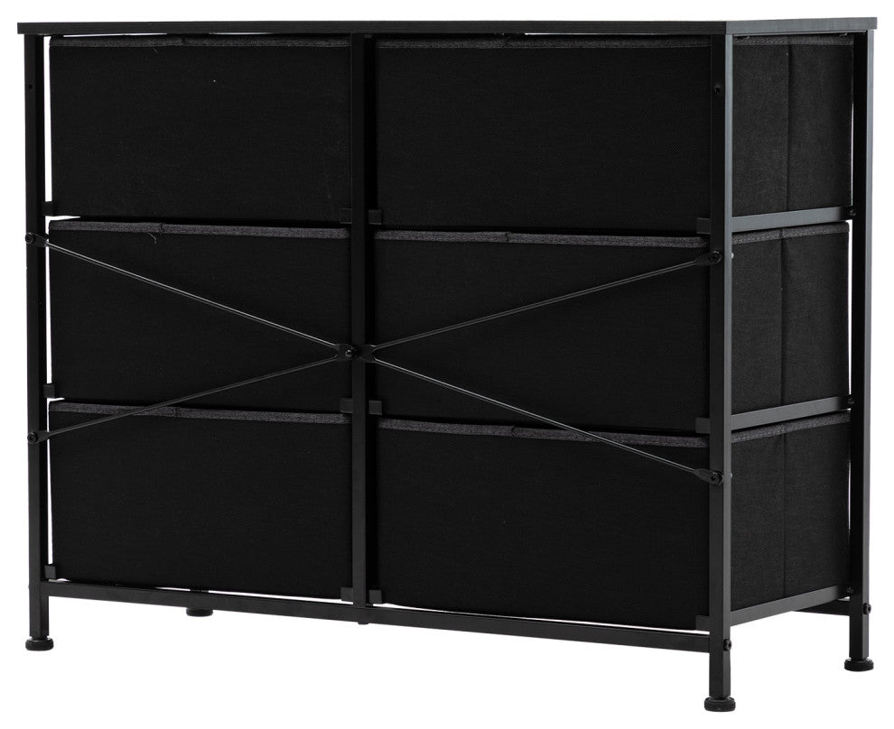 6 Fabric Drawers Steel Frame Double Dresser, Black