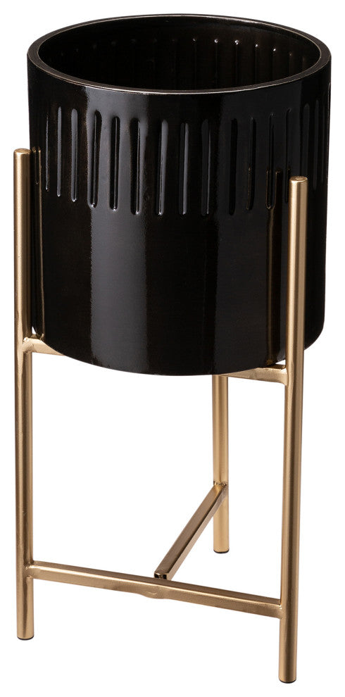 Set of 3 Modern Glossy Metal Plant Stands, KD, Black / Gold