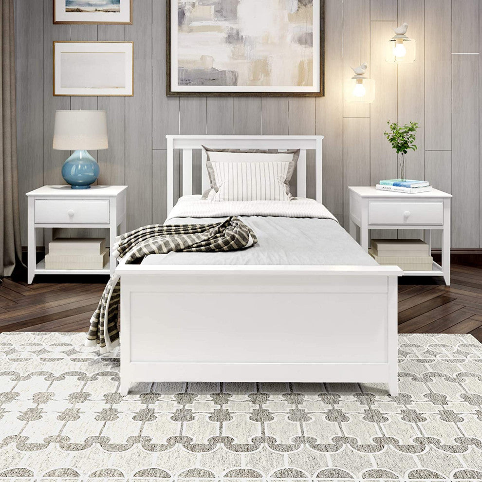 Classic Platform Bed, White Pine Wood Construction & Slatted Headboard, Twin