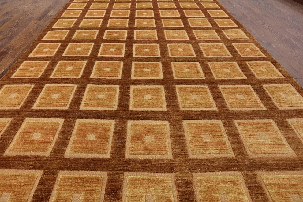 Modern Orange Geometric Gabbeh Hand-Knotted Wool Rug, 10'x15'