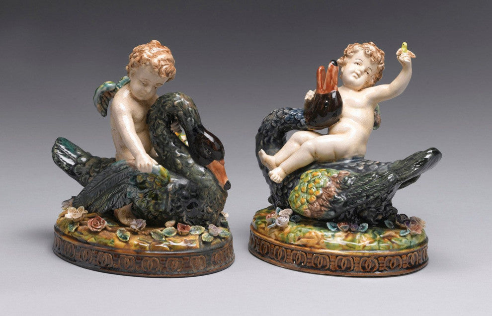Erhard Ceramic 2-Piece Majolica Cherub With Goose Figurine Set, White