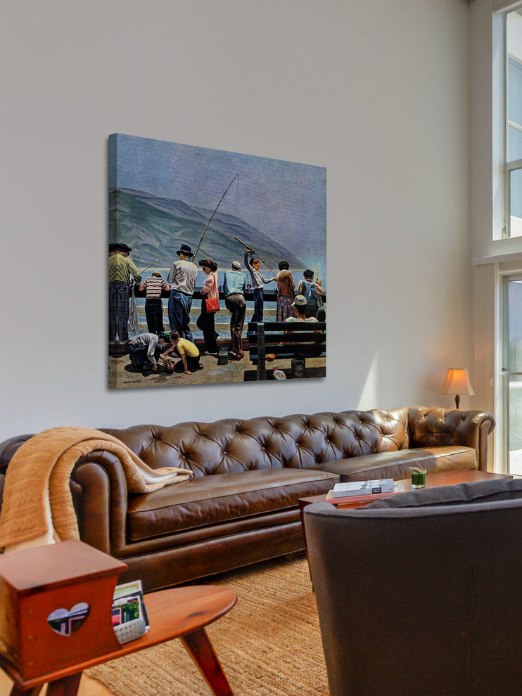 "Pier Fishing" Painting Print on Canvas by John Falter