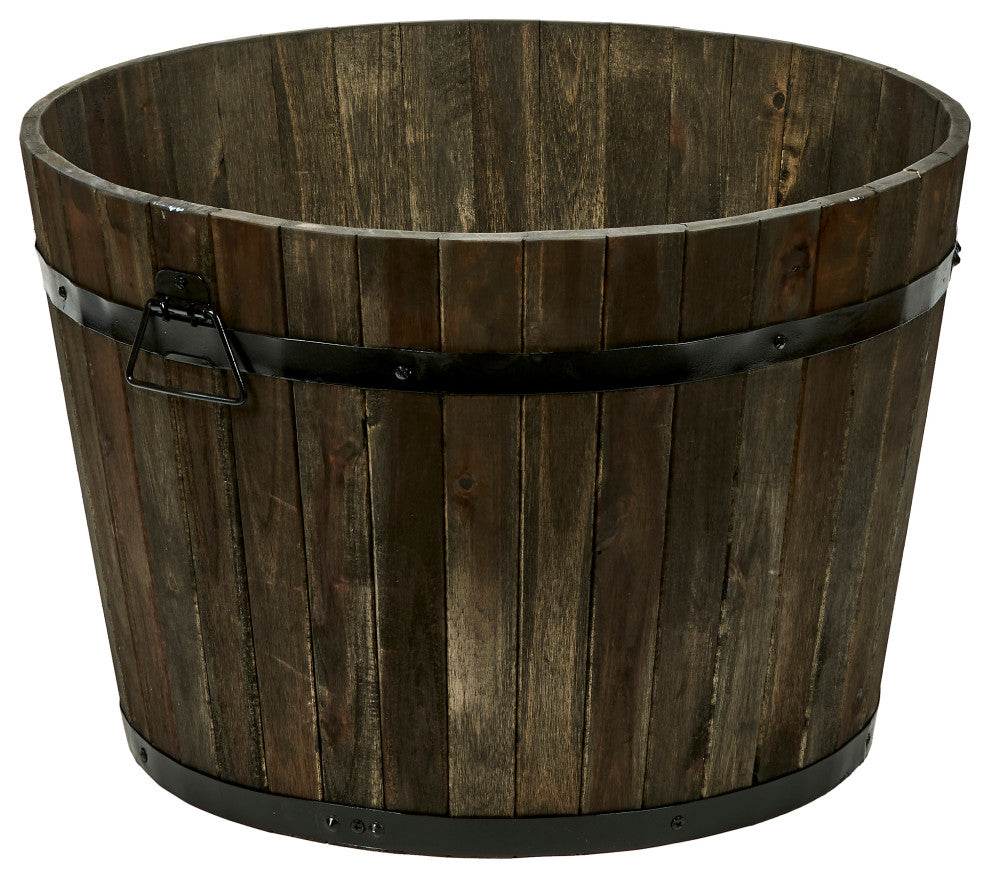 15" Wood Barrel Planter With Brown Oil