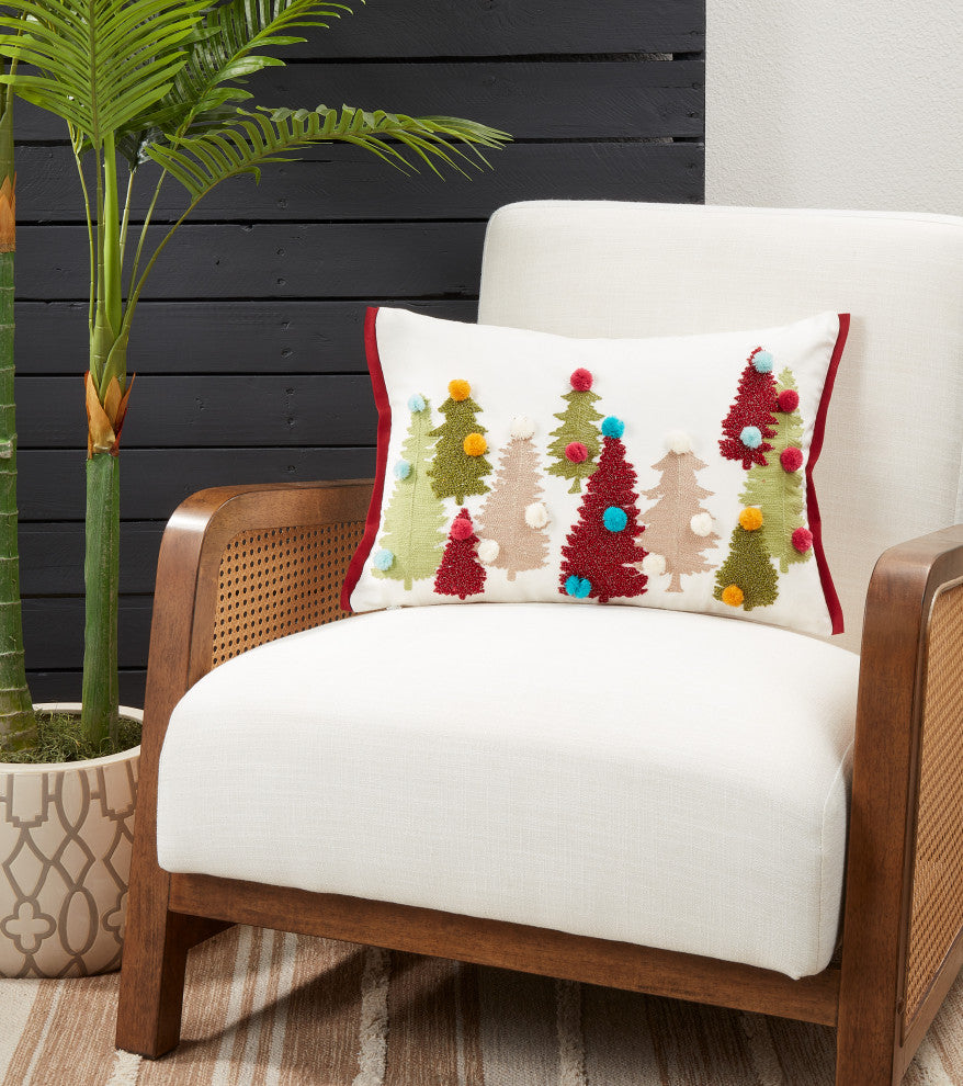Holiday Cheer Pom Pom Christmas Trees Down Filled Throw Pillow, Multi, 14"x20"