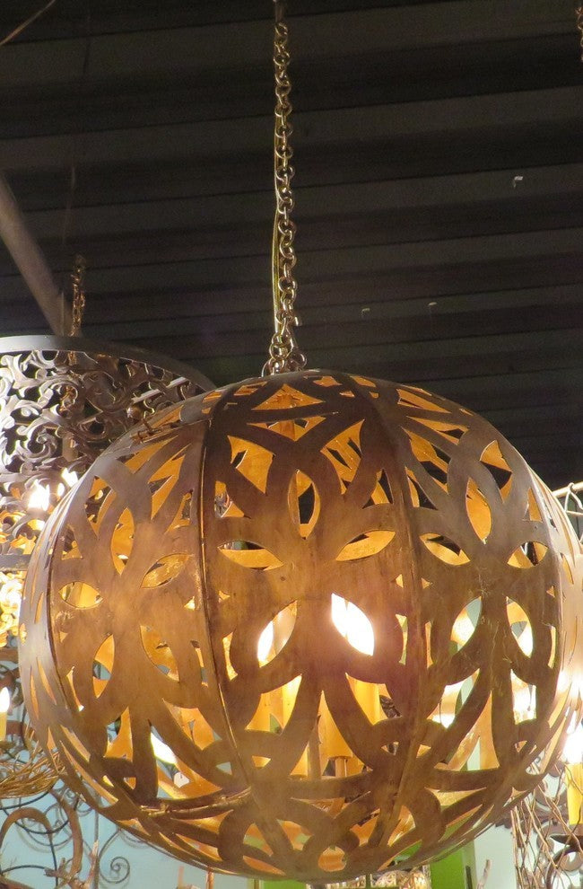 Dark Gold Floral Cutout Pendant Light, Round Globe Sphere Chandelier