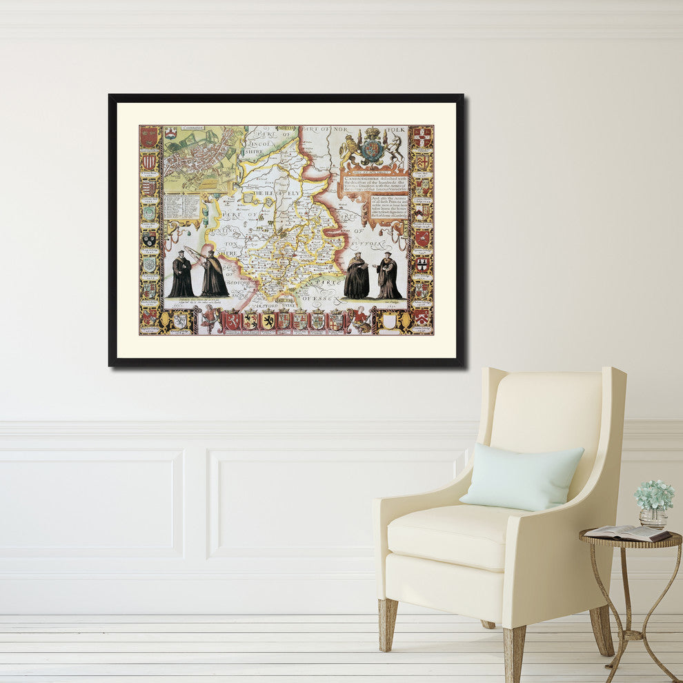 Cambridge Shire Vintage Map Print On Canvas With Picture Frame 16" X 21"