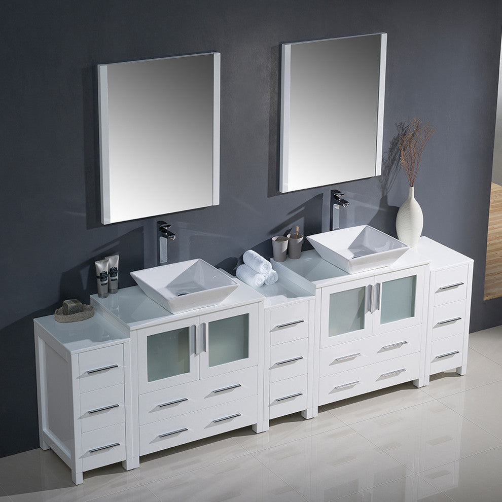 Torino 96" White Modern Double Sink Bathroom Vanity, Faucet FFT3072CH