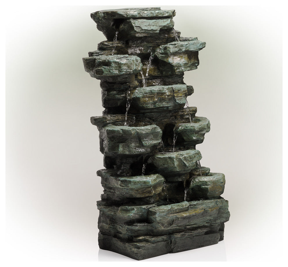 39" Tall Outdoor Multi-Tier Rock Water Fountain with LED Lights
